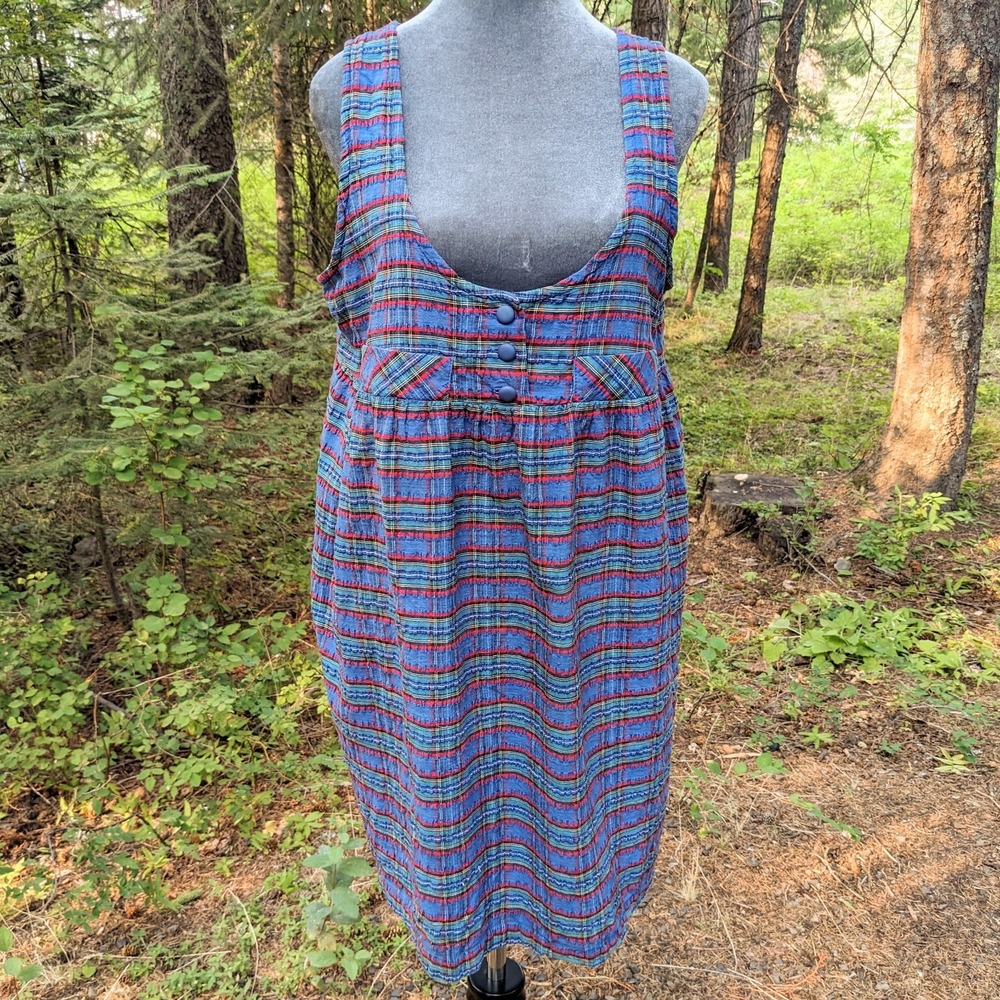 Vintage Seersucker Cotton Plaid Jumper Dress Petite S/M Mini Cottagecore Overall